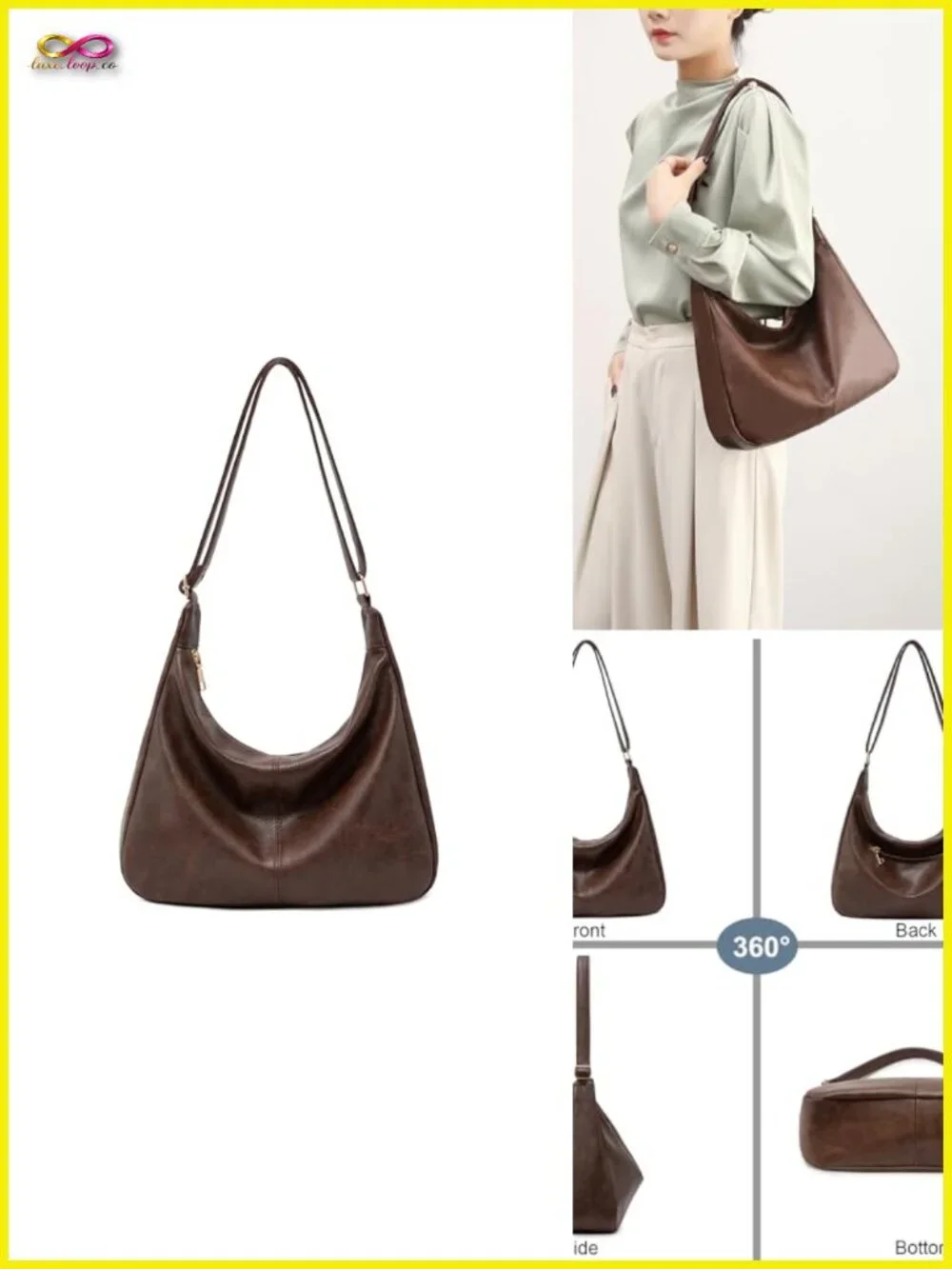 Foldable Vegan Leather Slouchy Hobo Handbag Shoulder Crossbody Tote